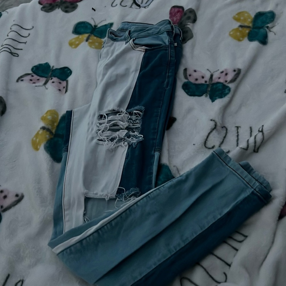 blue and white straight legged jeans